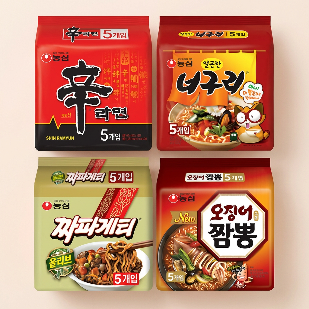 농심, 신라면, 120g, 5봉 + 너구리, 120g, 5봉 + 짜파게티, 140g, 5봉 + 오징어짬뽕, 124g, 5봉